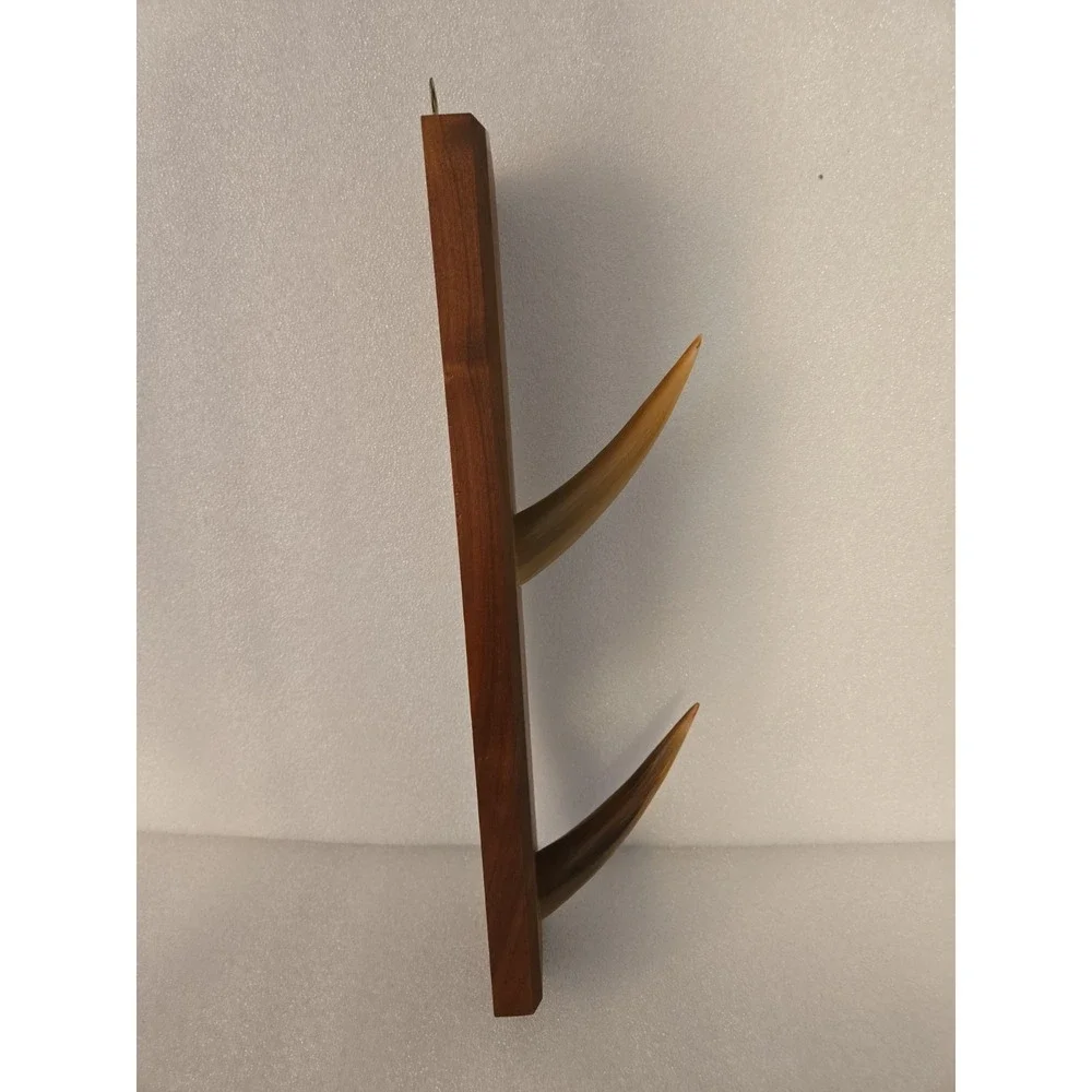 Mid Century Modern Wood Wall Coat Rack 2 Horn Hooks Teak Danish Style Vtg 15